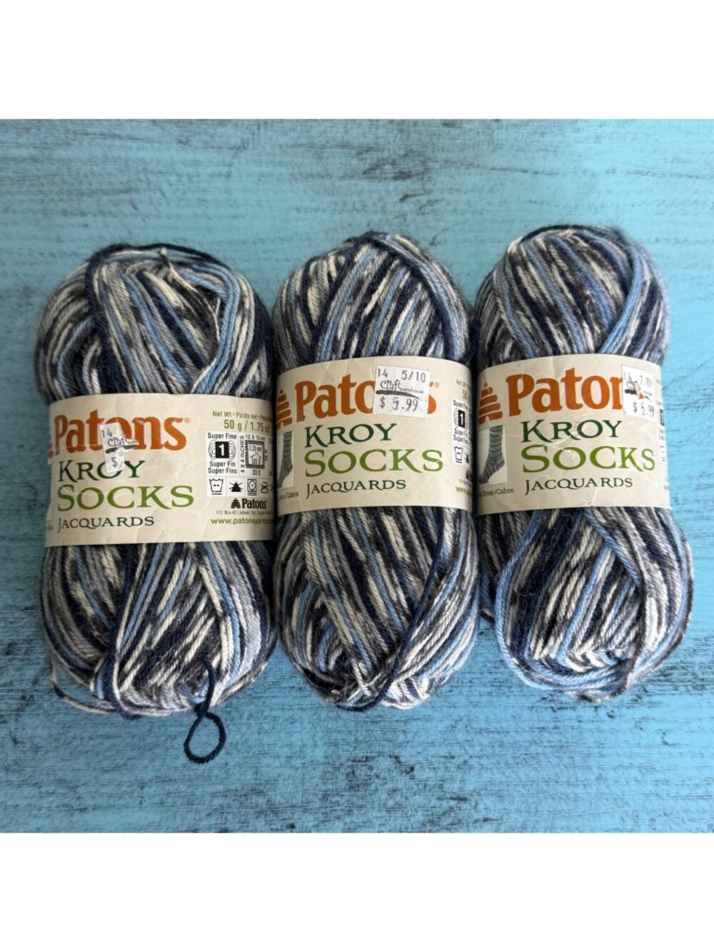 3x Patons Kroy Socks Yarn Denim Jacquard 75% Wool 25% Nylon 166 Yards Each